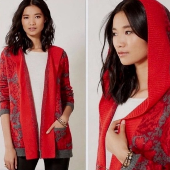 Sparrow Anthropologie Size M Red and Gray Hooded Cardigan Sweater Floral New - Picture 2 of 9
